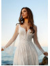 Long Sleeve Beaded Ivory Lace Tulle U Back Wedding Dress